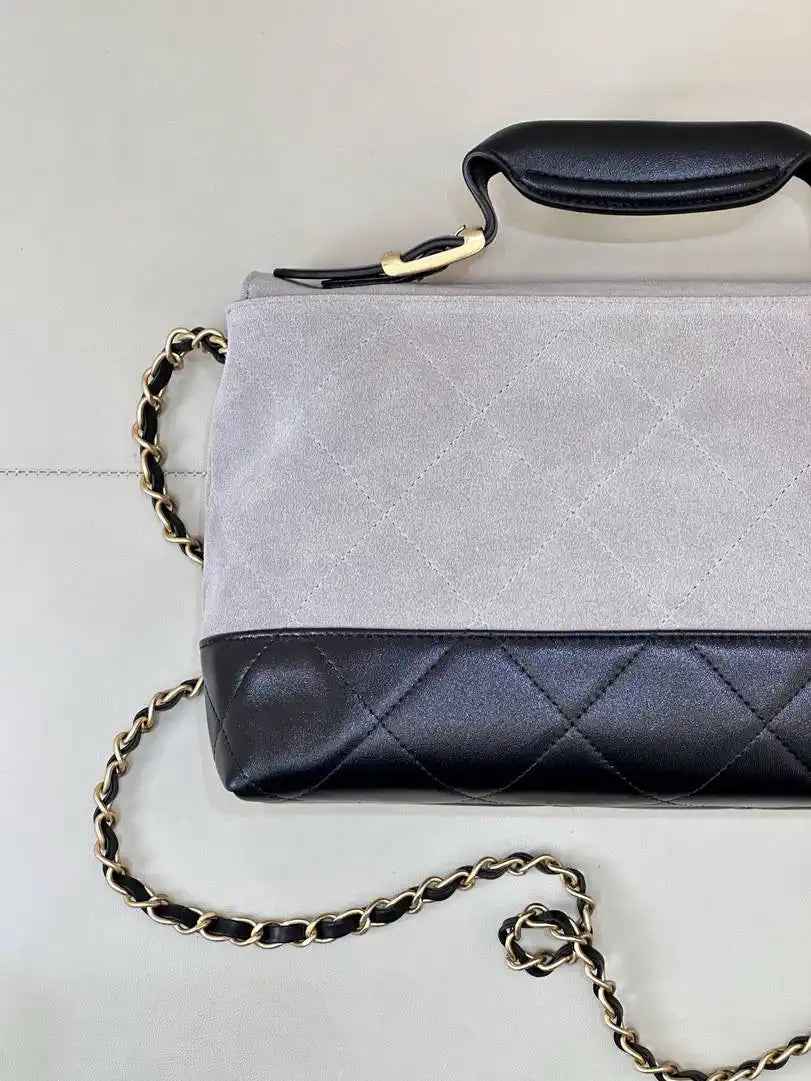 Chanel Large Flap Bag With Top Handle Suede Calfskin Shiny Lambskin AS5637 Gray