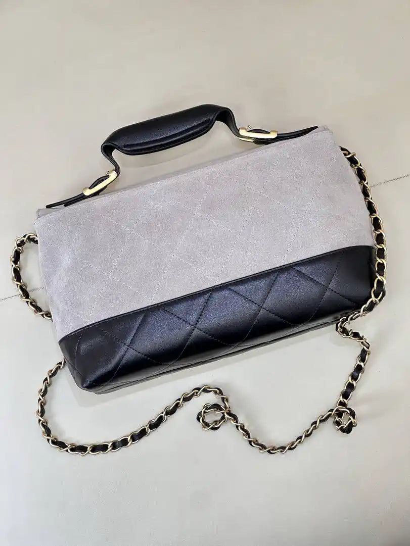 Chanel Large Flap Bag With Top Handle Suede Calfskin Shiny Lambskin AS5637 Gray