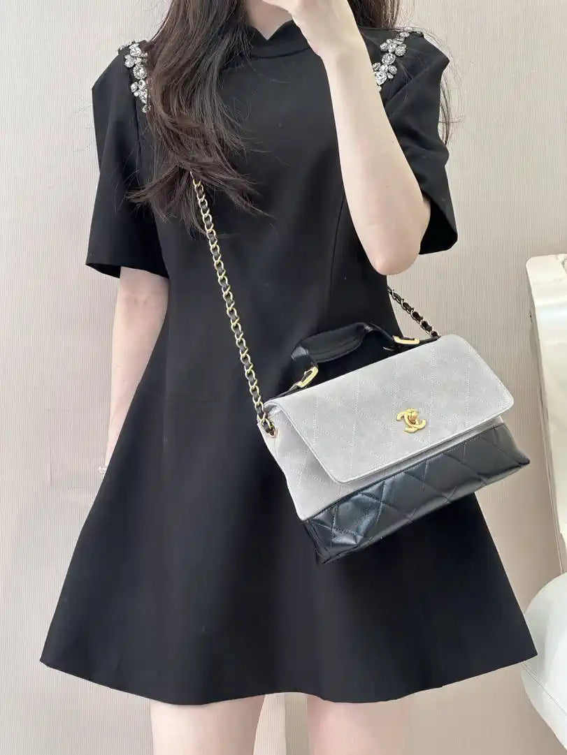 Chanel Large Flap Bag With Top Handle Suede Calfskin Shiny Lambskin AS5637 Gray