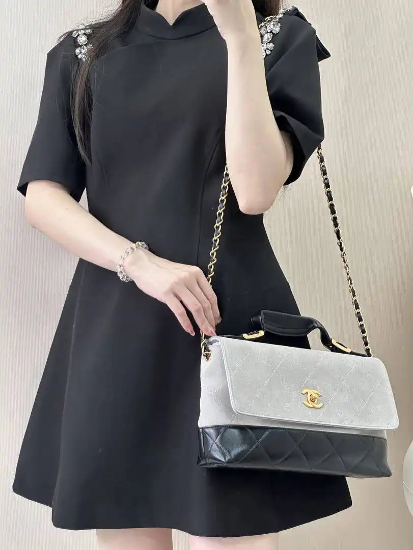 Chanel Large Flap Bag With Top Handle Suede Calfskin Shiny Lambskin AS5637 Gray