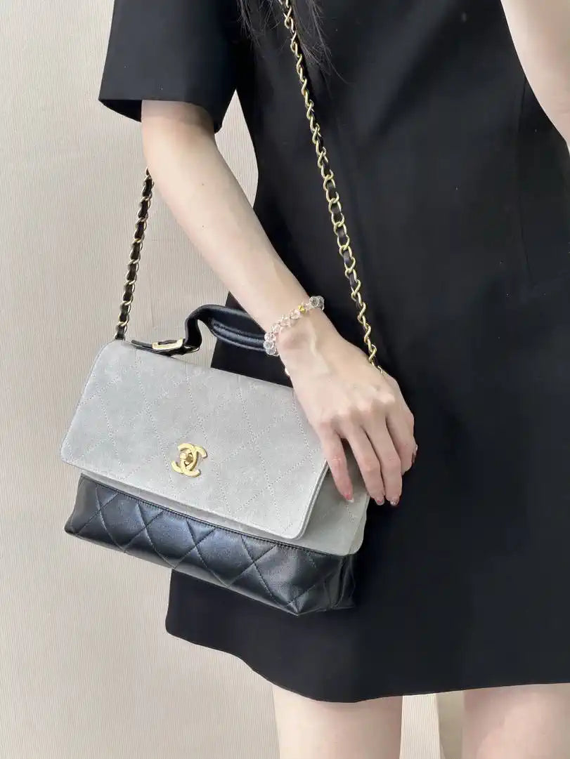 Chanel Large Flap Bag With Top Handle Suede Calfskin Shiny Lambskin AS5637 Gray
