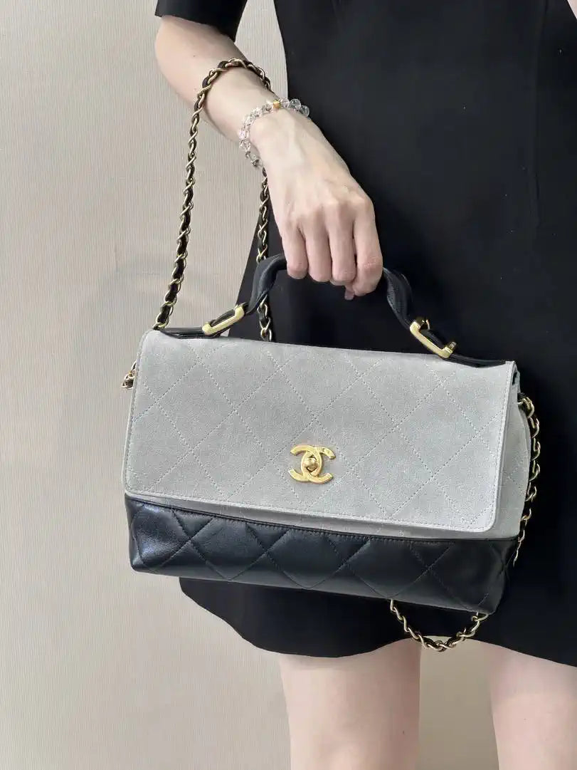 Chanel Large Flap Bag With Top Handle Suede Calfskin Shiny Lambskin AS5637 Gray
