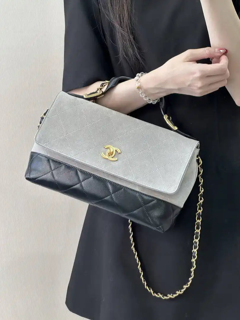 Chanel Large Flap Bag With Top Handle Suede Calfskin Shiny Lambskin AS5637 Gray