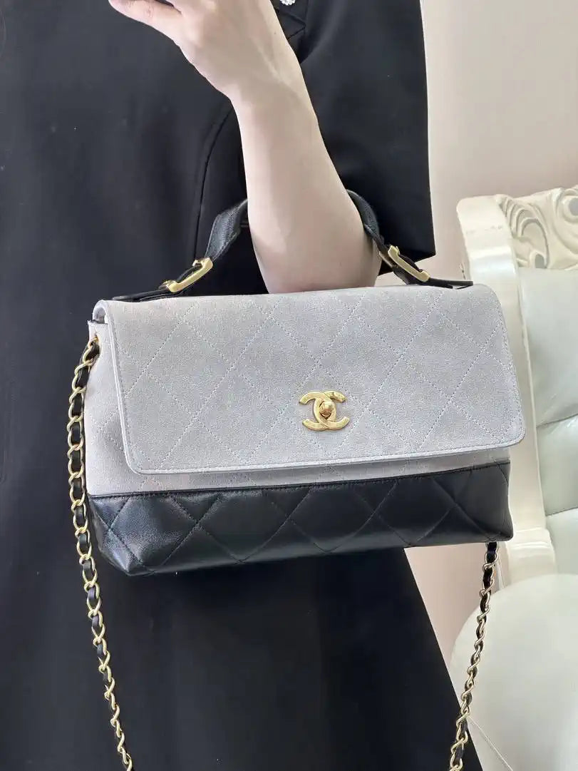 Chanel Large Flap Bag With Top Handle Suede Calfskin Shiny Lambskin AS5637 Gray
