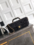 Chanel Large Flap Bag With Top Handle Tweed & Gold Metal  AS5807 Black