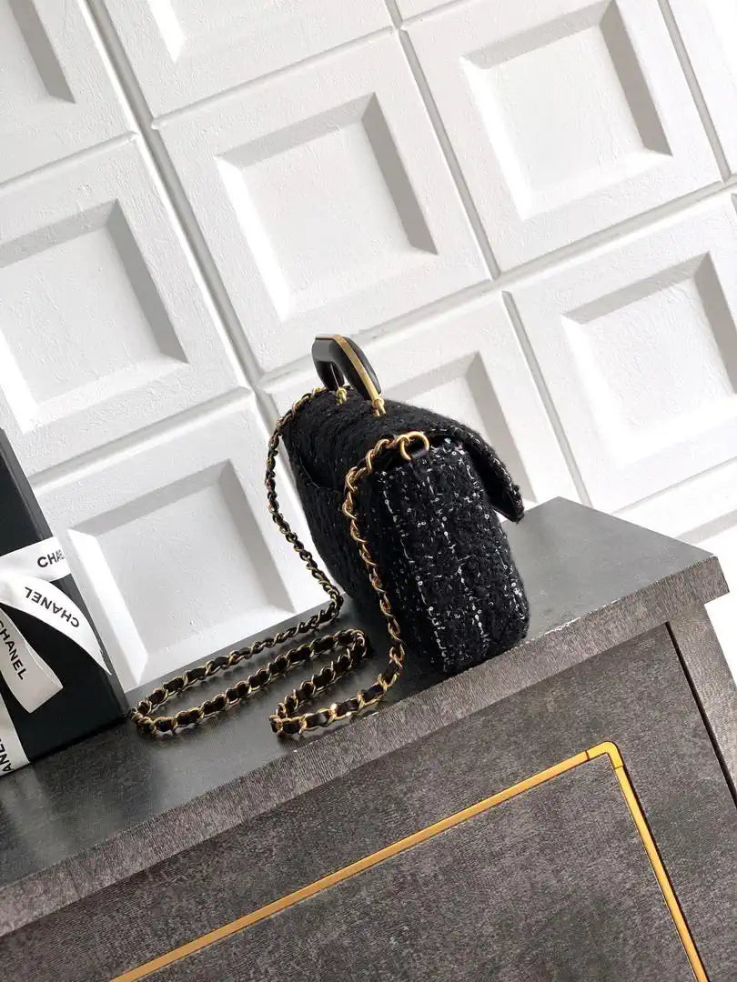 Chanel Large Flap Bag With Top Handle Tweed & Gold Metal  AS5807 Black