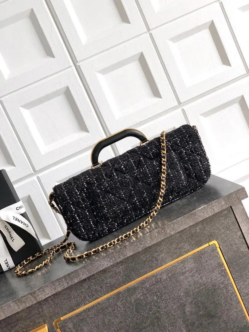 Chanel Large Flap Bag With Top Handle Tweed & Gold Metal  AS5807 Black