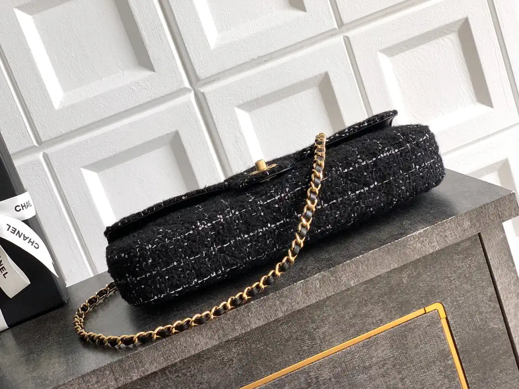 Chanel Large Flap Bag With Top Handle Tweed & Gold Metal  AS5807 Black