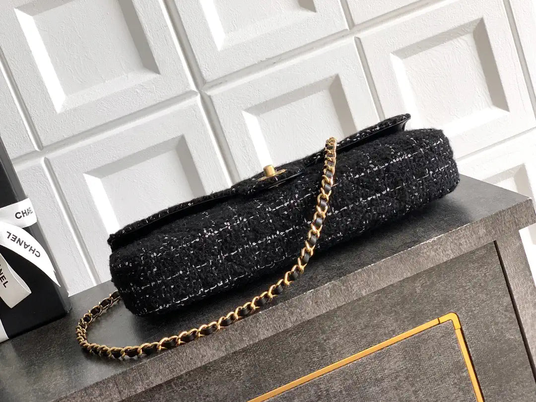 Chanel Large Flap Bag With Top Handle Tweed & Gold Metal  AS5807 Black