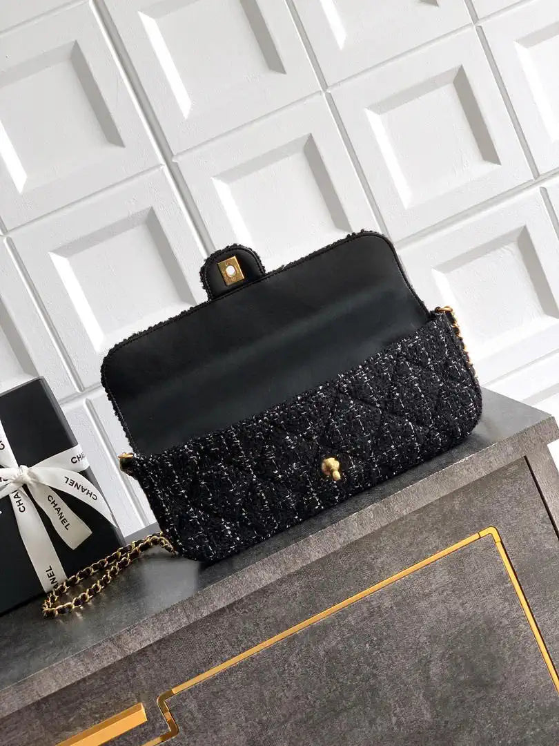 Chanel Large Flap Bag With Top Handle Tweed & Gold Metal  AS5807 Black