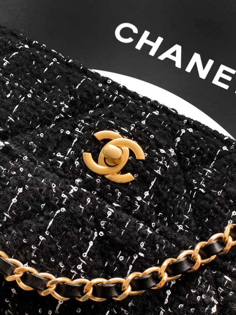 Chanel Large Flap Bag With Top Handle Tweed & Gold Metal  AS5807 Black