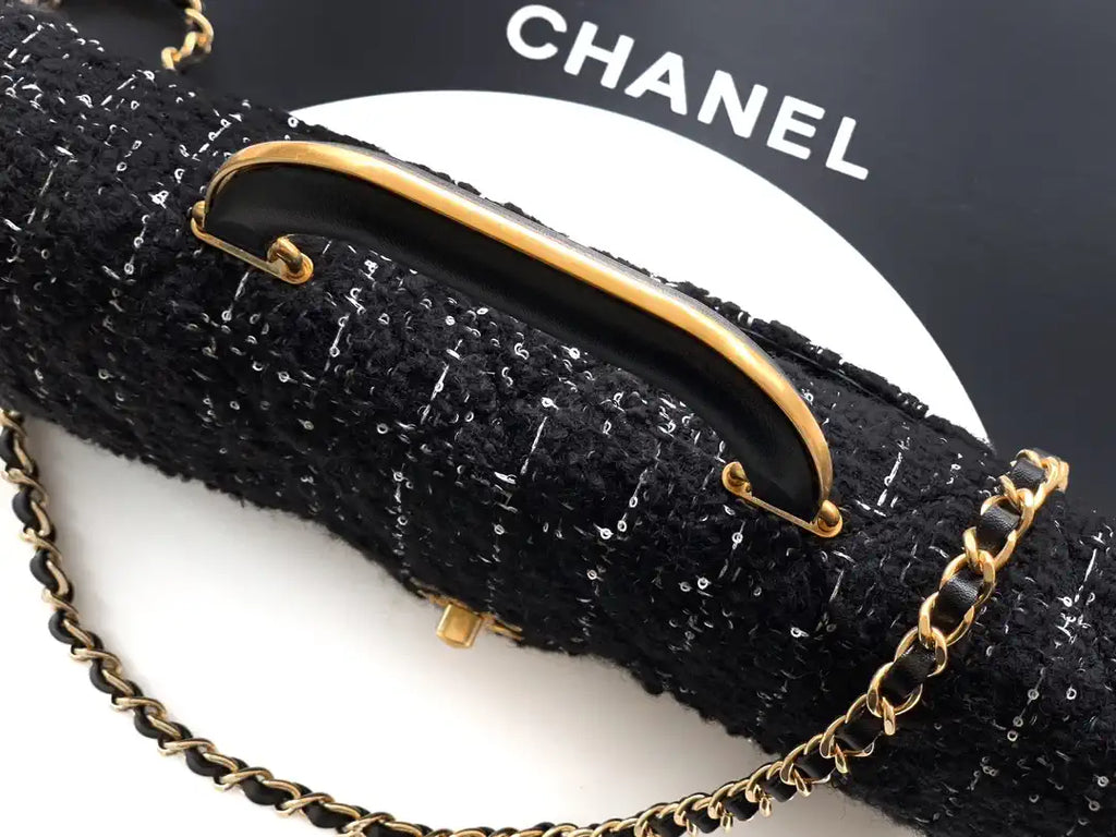 Chanel Large Flap Bag With Top Handle Tweed & Gold Metal  AS5807 Black