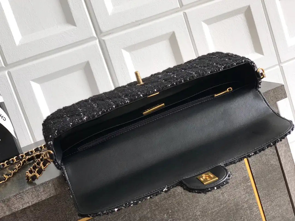 Chanel Large Flap Bag With Top Handle Tweed & Gold Metal  AS5807 Black
