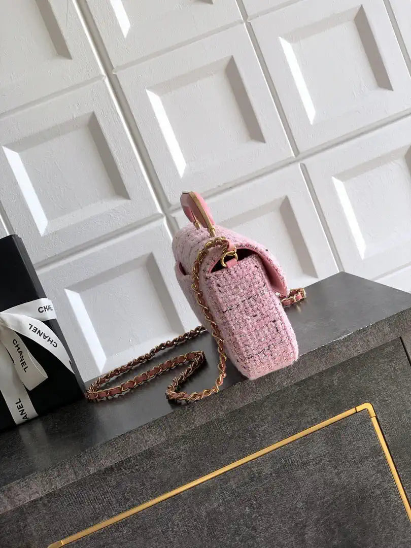 Chanel Large Flap Bag With Top Handle Tweed & Gold Metal  AS5807 Light Pink
