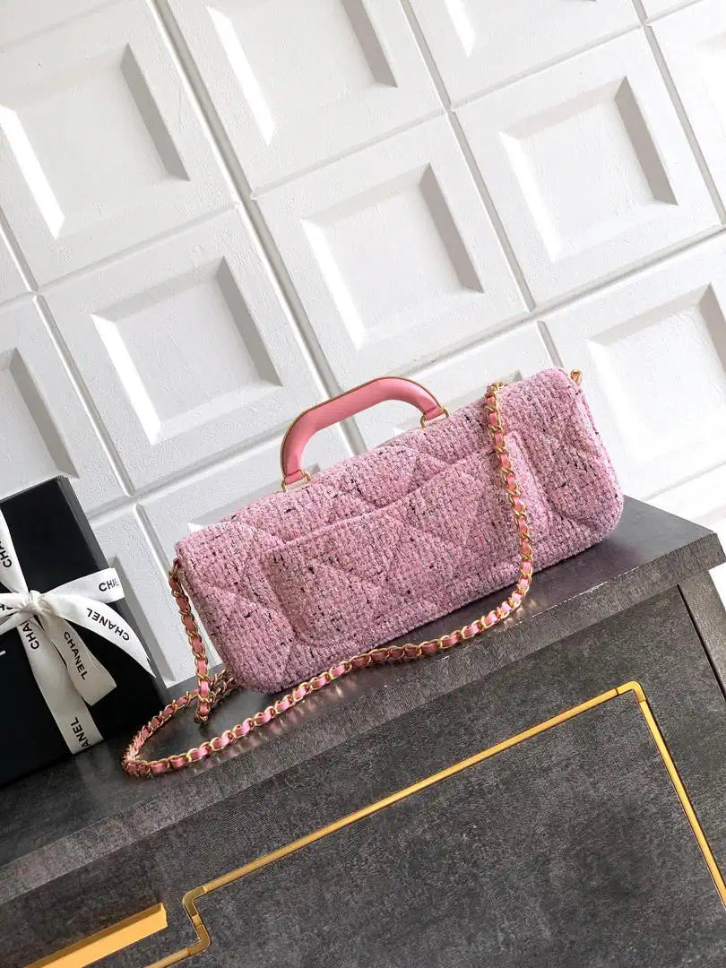 Chanel Large Flap Bag With Top Handle Tweed & Gold Metal  AS5807 Light Pink