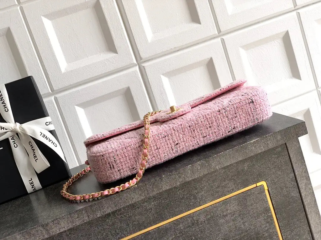 Chanel Large Flap Bag With Top Handle Tweed & Gold Metal  AS5807 Light Pink