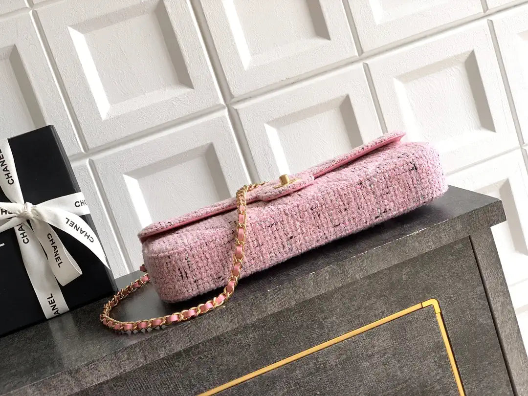 Chanel Large Flap Bag With Top Handle Tweed & Gold Metal  AS5807 Light Pink