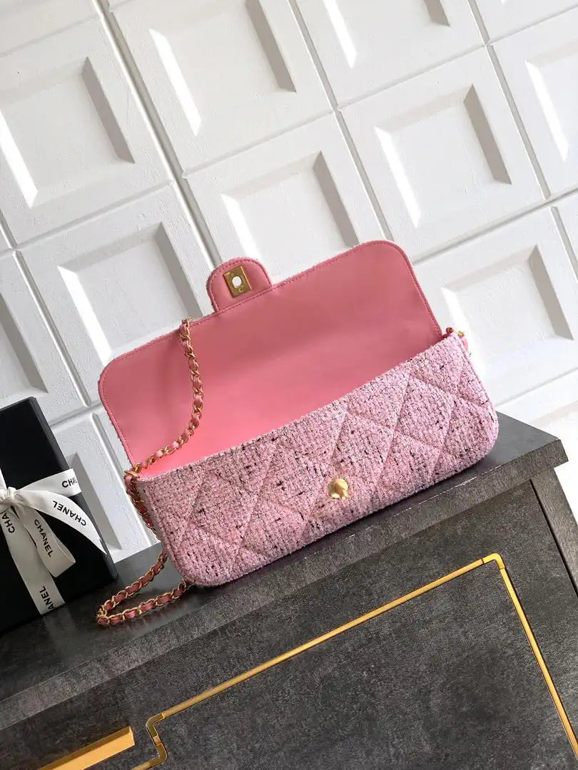 Chanel Large Flap Bag With Top Handle Tweed & Gold Metal  AS5807 Light Pink