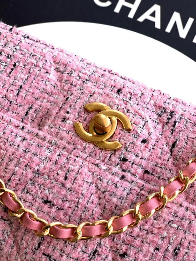 Chanel Large Flap Bag With Top Handle Tweed & Gold Metal  AS5807 Light Pink