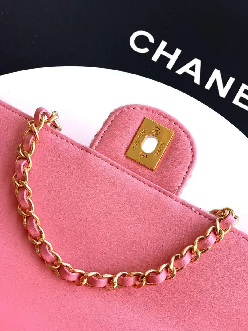 Chanel Large Flap Bag With Top Handle Tweed & Gold Metal  AS5807 Light Pink