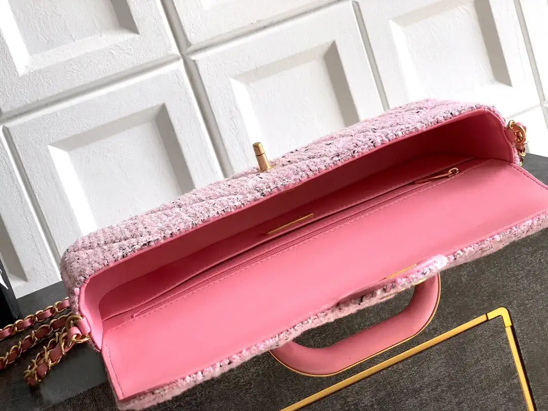 Chanel Large Flap Bag With Top Handle Tweed & Gold Metal  AS5807 Light Pink