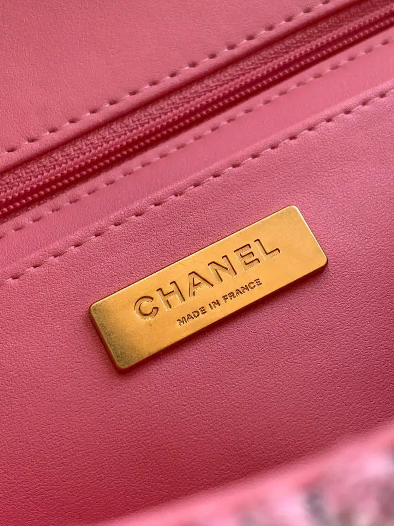 Chanel Large Flap Bag With Top Handle Tweed & Gold Metal  AS5807 Light Pink