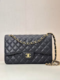 Chanel Large Flap Handbag Classic bag Grained shiny Calfskin gold  A58600 Black