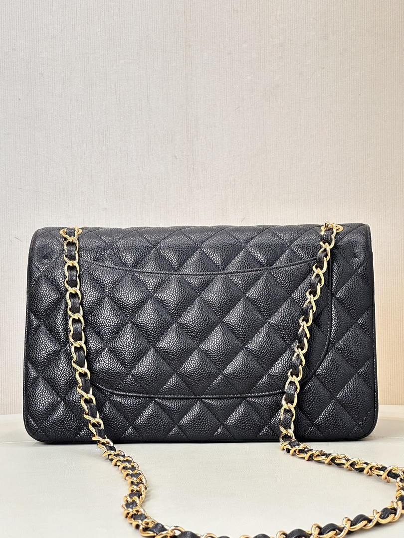 Chanel Large Flap Handbag Classic bag Grained shiny Calfskin gold  A58600 Black