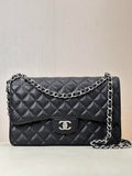Chanel Large Flap Handbag Classic bag Grained shiny Calfskin Silver A58600 Black