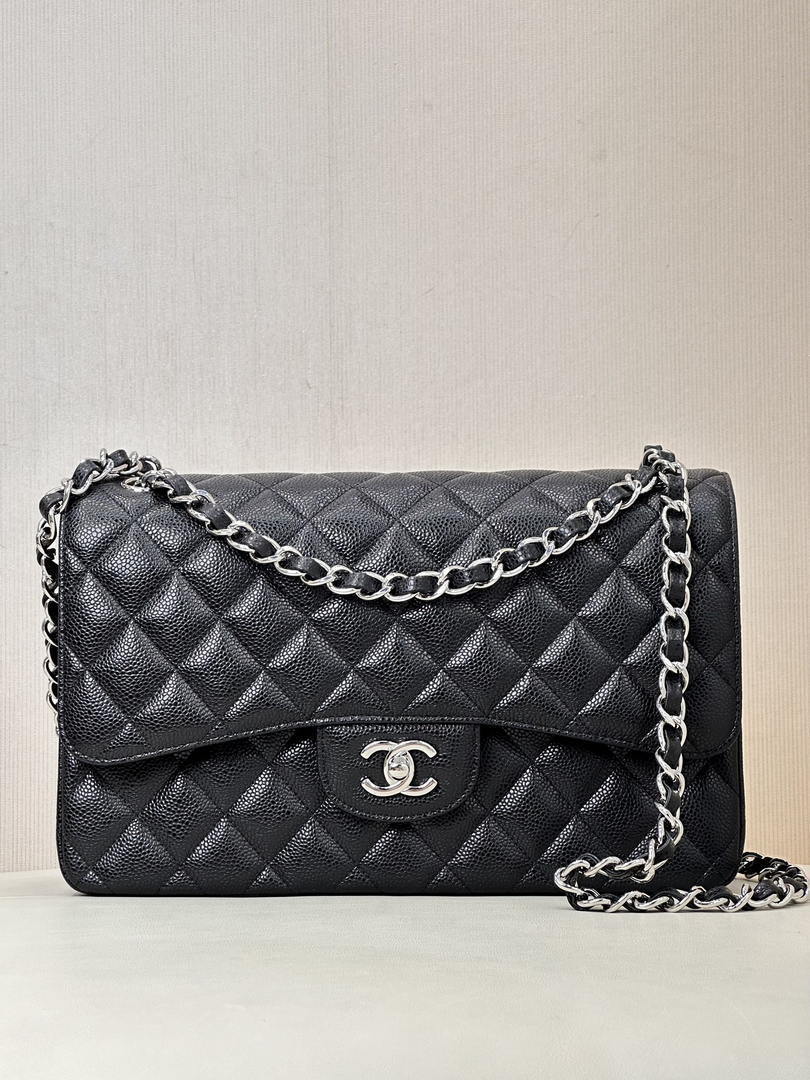 Chanel Large Flap Handbag Classic bag Grained shiny Calfskin Silver A58600 Black - Default Title - View 1