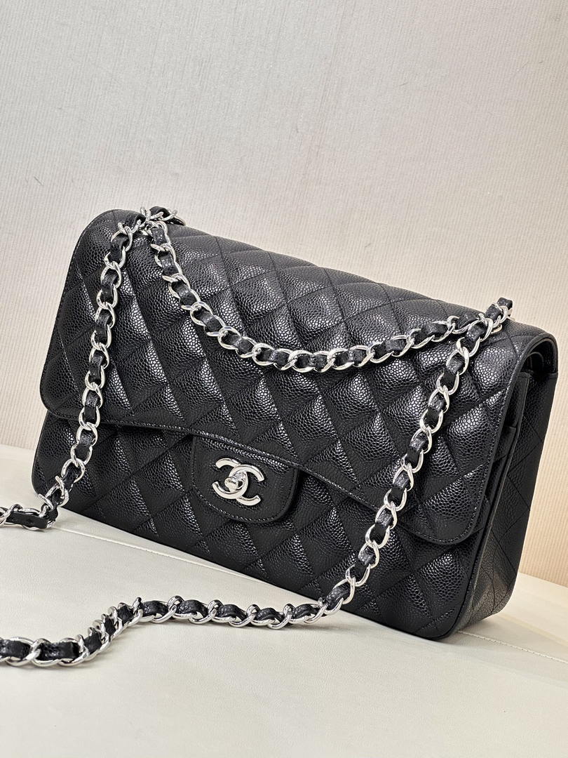 Chanel Large Flap Handbag Classic bag Grained shiny Calfskin Silver A58600 Black