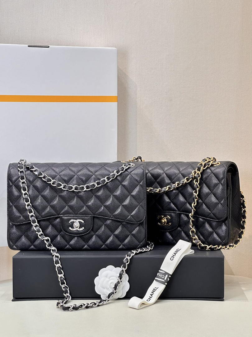 Chanel Large Flap Handbag Classic bag Grained shiny Calfskin Silver A58600 Black