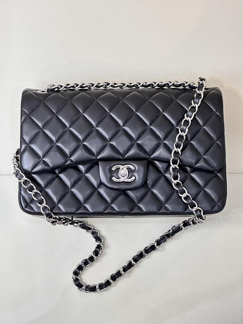 Chanel Large Flap Classic Handbag shiny  Lambskin A58600 Black Silver
