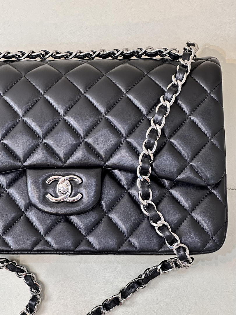 Chanel Large Flap Classic Handbag shiny  Lambskin A58600 Black Silver