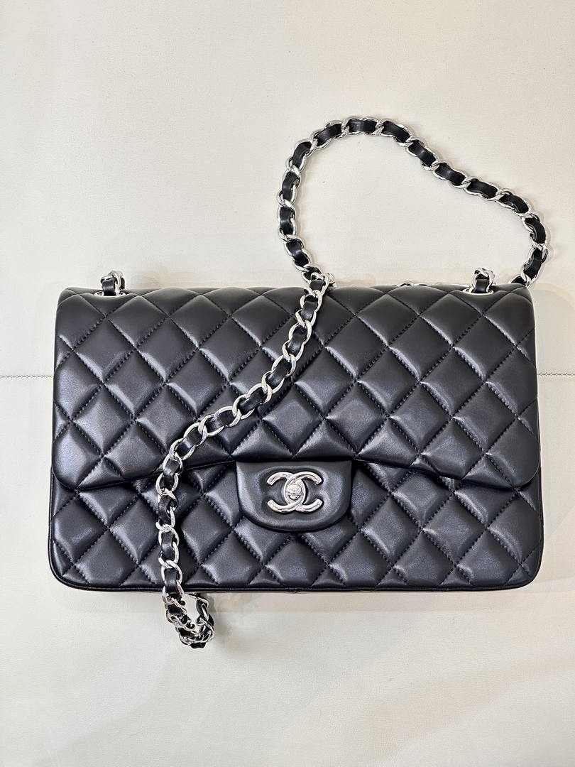 Chanel Large Flap Classic Handbag shiny  Lambskin A58600 Black Silver