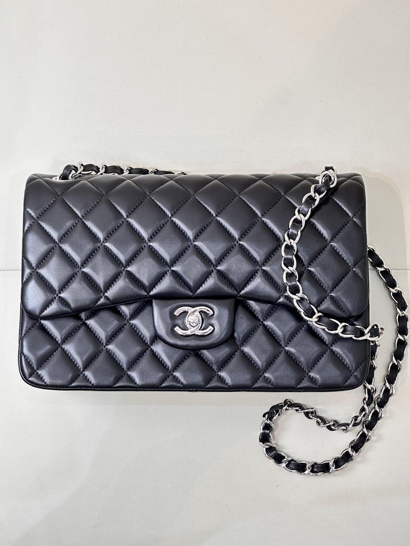Chanel Large Flap Classic Handbag shiny  Lambskin A58600 Black Silver