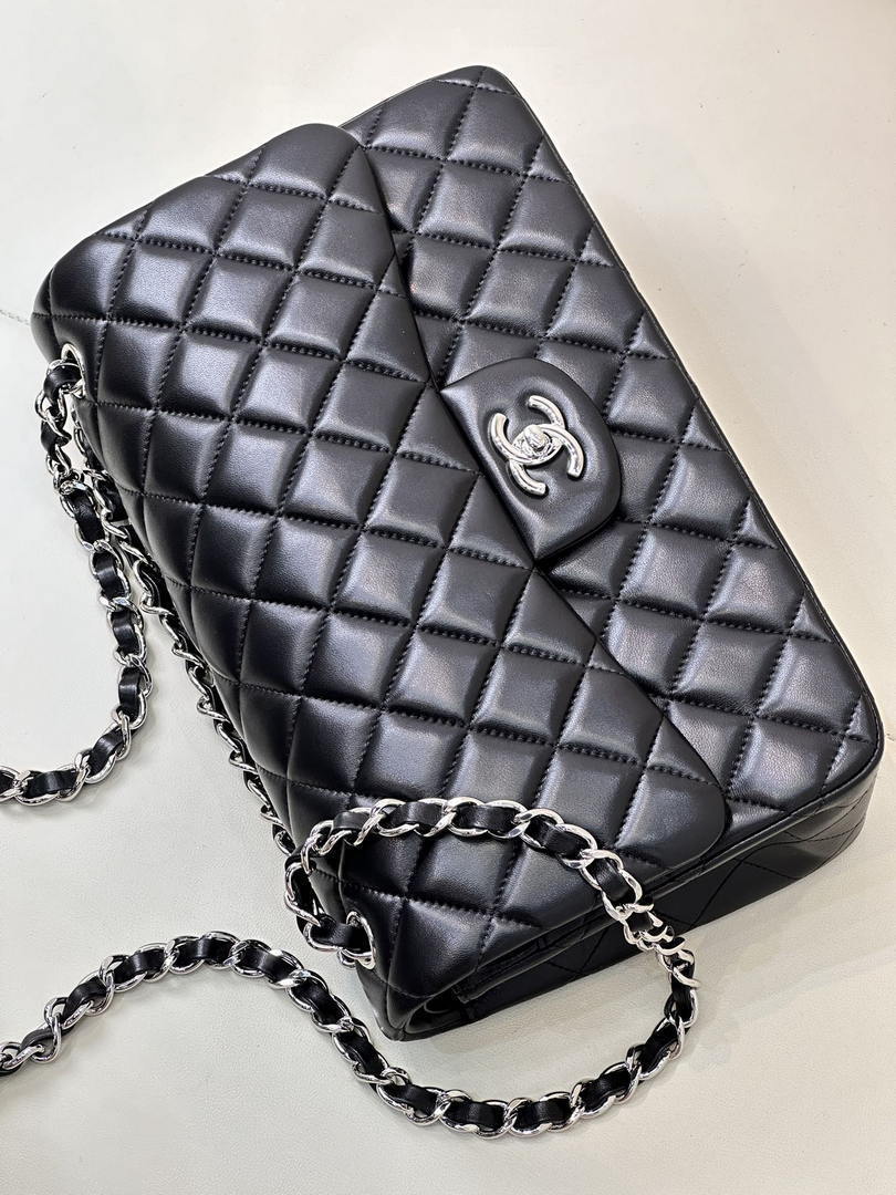 Chanel Large Flap Classic Handbag shiny  Lambskin A58600 Black Silver