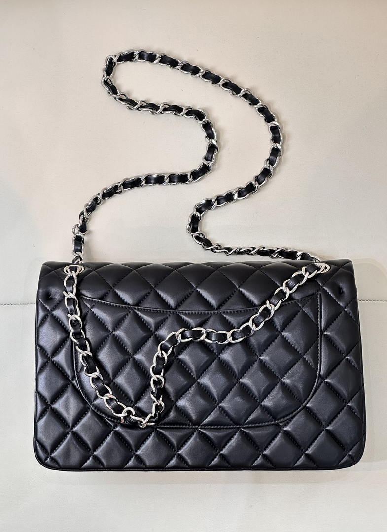 Chanel Large Flap Classic Handbag shiny  Lambskin A58600 Black Silver