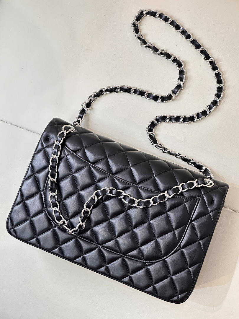 Chanel Large Flap Classic Handbag shiny  Lambskin A58600 Black Silver