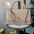 Chanel Large Top Handle Bag A92991 lambskin V gird Apricot Gold - Default Title - View 1