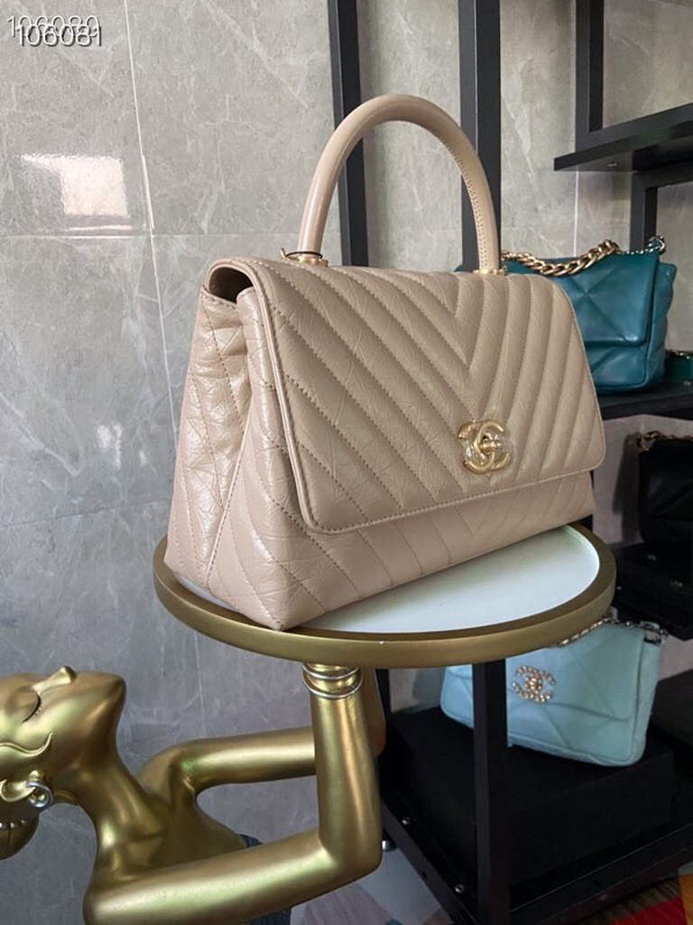 Chanel Large Top Handle Bag A92991 lambskin V gird Apricot Gold