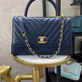 Chanel Large Top Handle Bag A92991 lambskin V gird Navy Blue Gold - Default Title - View 1