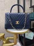 Chanel Large Top Handle Bag A92991 lambskin V gird Navy Blue Gold
