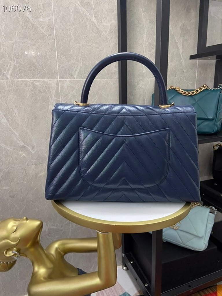Chanel Large Top Handle Bag A92991 lambskin V gird Navy Blue Gold