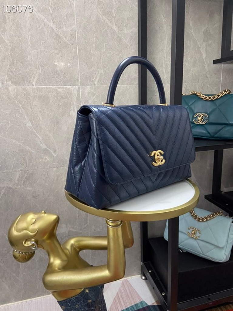 Chanel Large Top Handle Bag A92991 lambskin V gird Navy Blue Gold