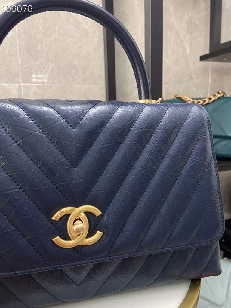 Chanel Large Top Handle Bag A92991 lambskin V gird Navy Blue Gold