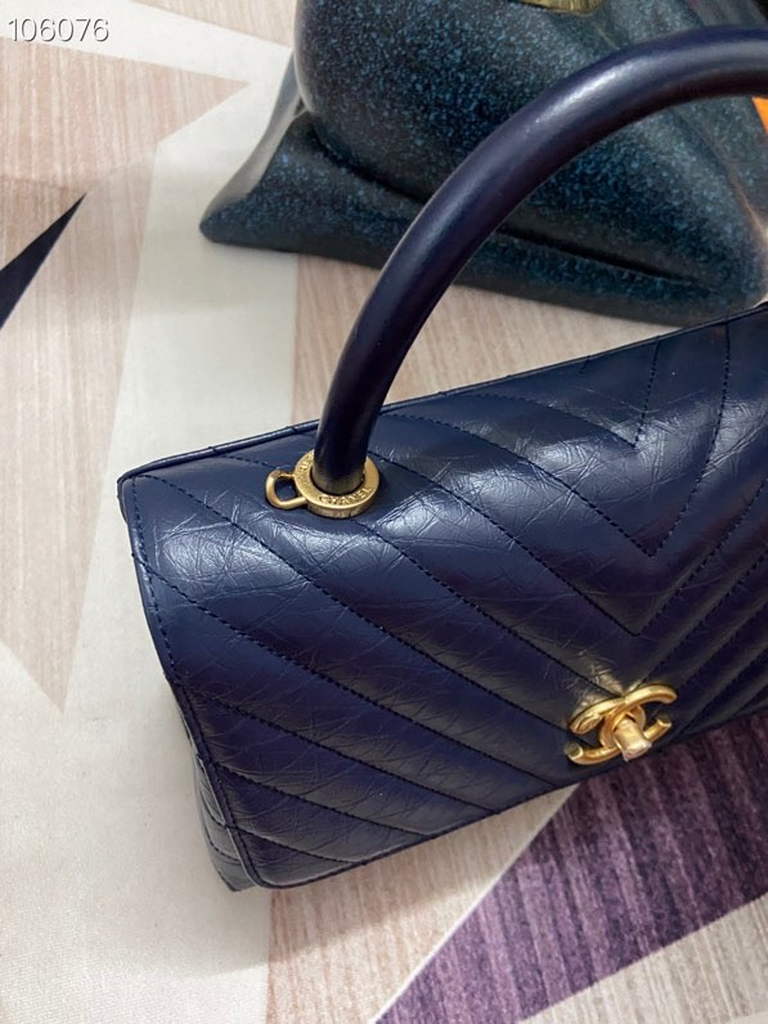 Chanel Large Top Handle Bag A92991 lambskin V gird Navy Blue Gold