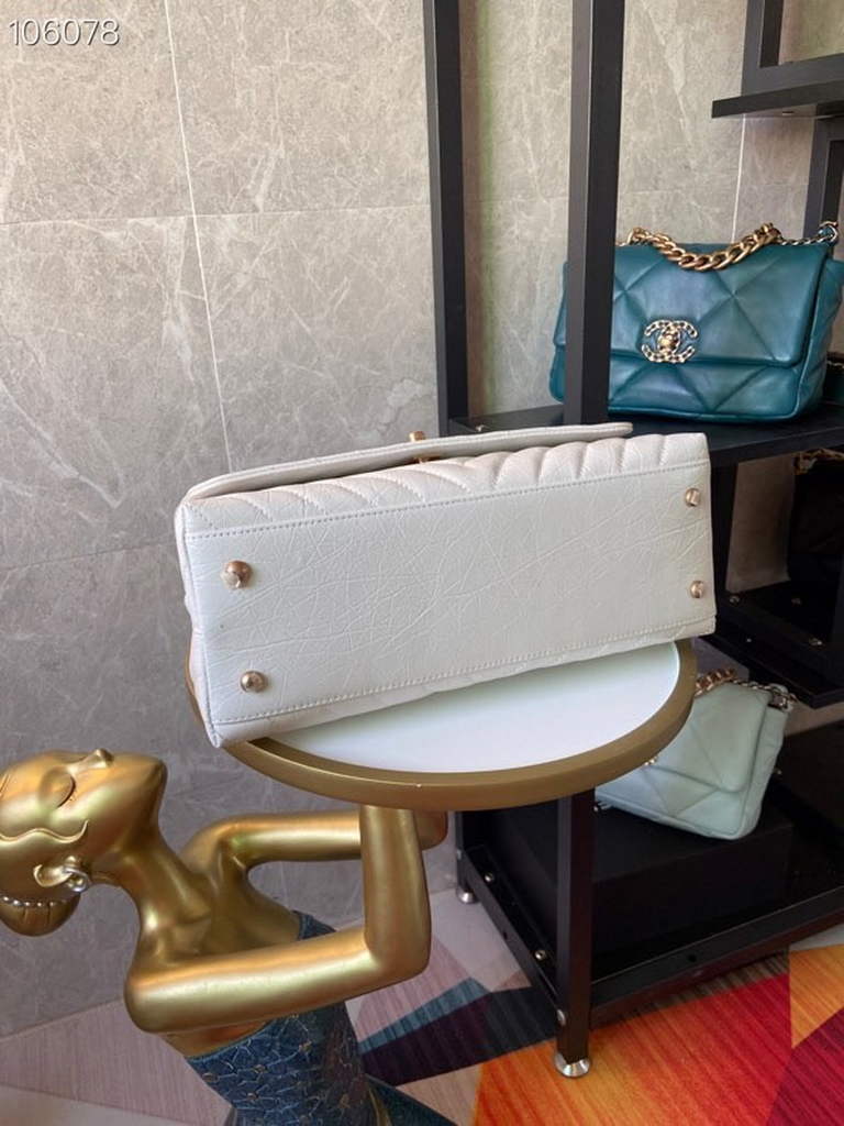 Chanel Large Top Handle Bag A92991 lambskin V gird White Gold