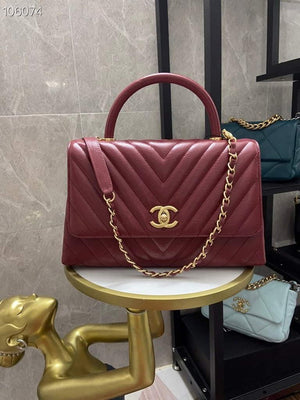 Chanel Large Top Handle Bag A92991 lambskin V gird Wine Red Gold - Default Title - View 1