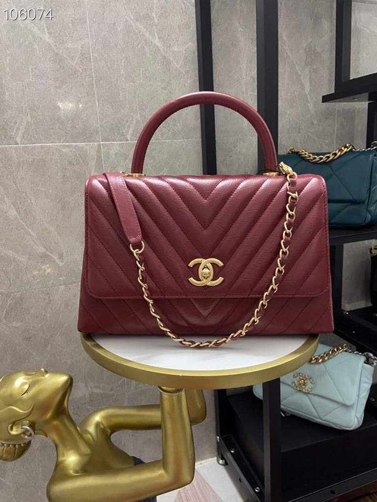Chanel Large Top Handle Bag A92991 lambskin V gird Wine Red Gold - Default Title - View 1